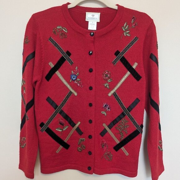 VINTAGE Susan Bristol Christmas cardigan EUC size Small floral and ribbons - Picture 1 of 10